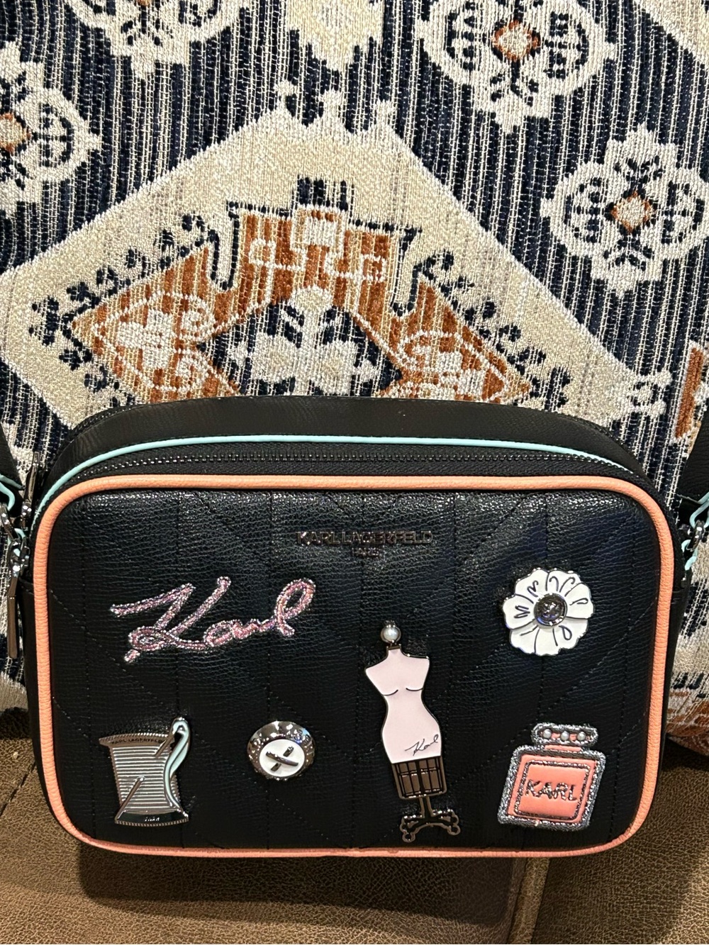 Karl Lagerfeld Black Crossbody with Pink Trim and Light Blue Piping
